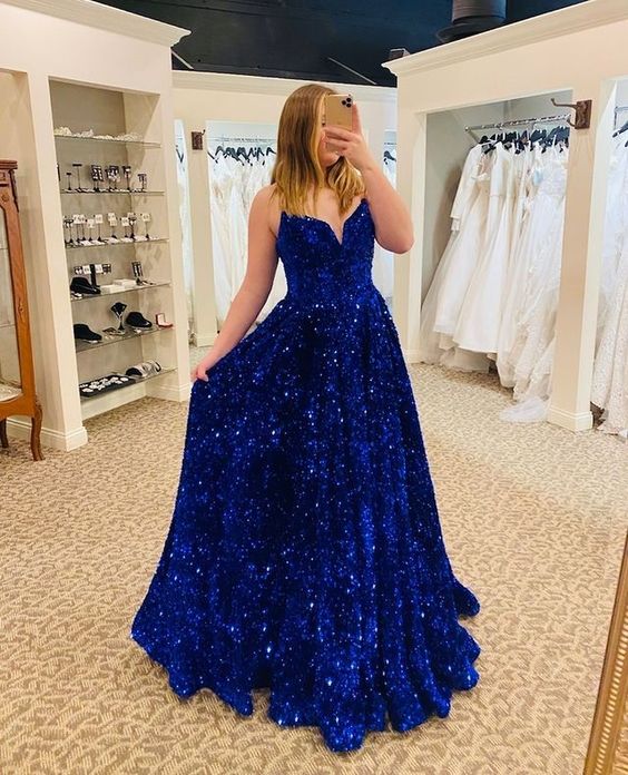 Royal blue sequins velvet prom dress. – K.D.Kollections Store